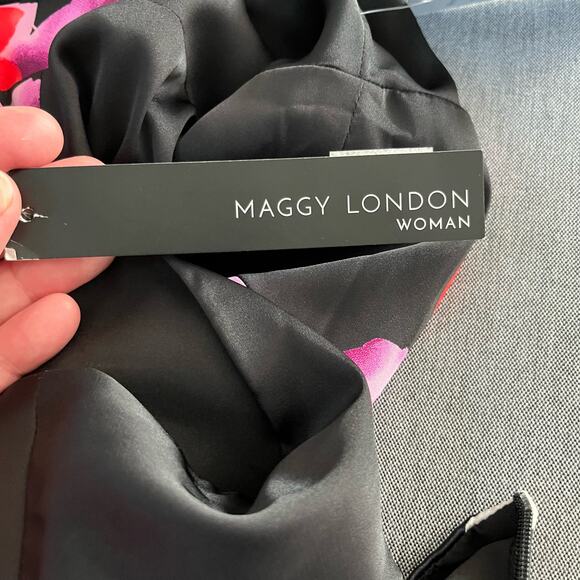 Maggy London Woman Multi Black Floral Asymmetric Charmeuse Midi Dress 24W NWT - Picture 10 of 13